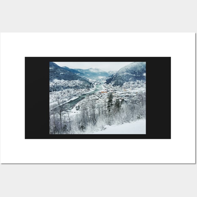 Wintertime - View on Snow-Covered Scandinavian Valley and Town Wall Art by visualspectrum